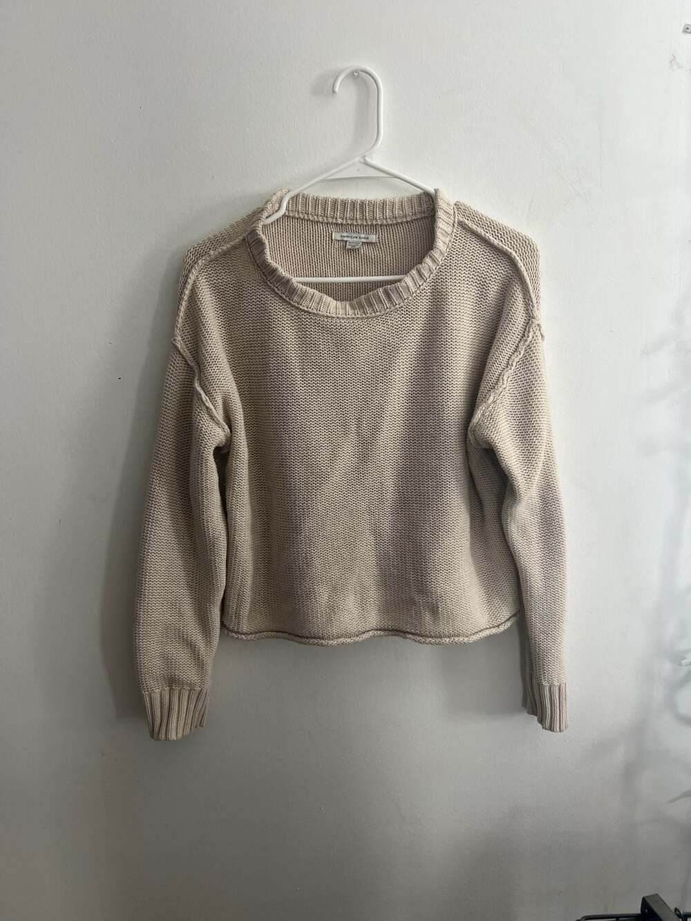 American Eagle Cream Chunky Knit Raw Hem Cropped Sweater XS